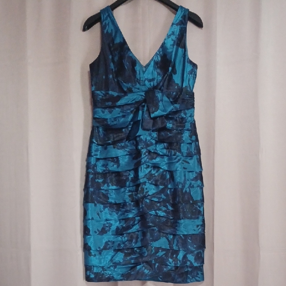 Jones New York Teal Navy Ruched Teired Cocktail Dress Sleeveless Satin